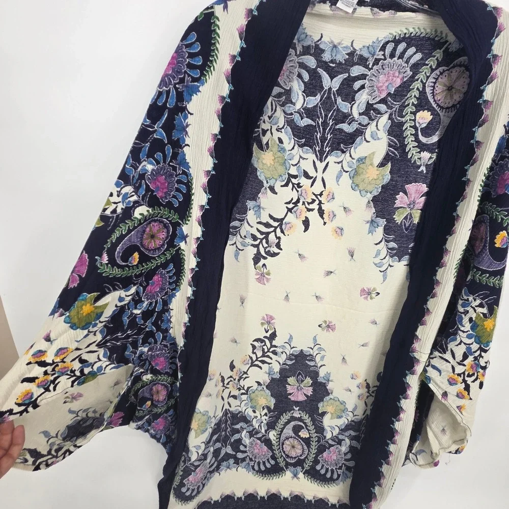 Anthropologie Kimono Wrap One Size Navy Floral Paisley Boho Art-Inspired Shawl